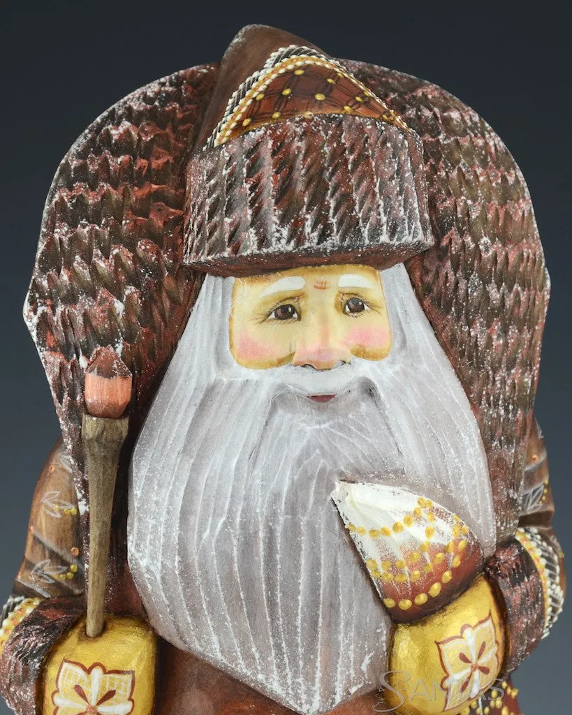 12 inch Large Brown Scenic Russian Santa with Christmas Tree