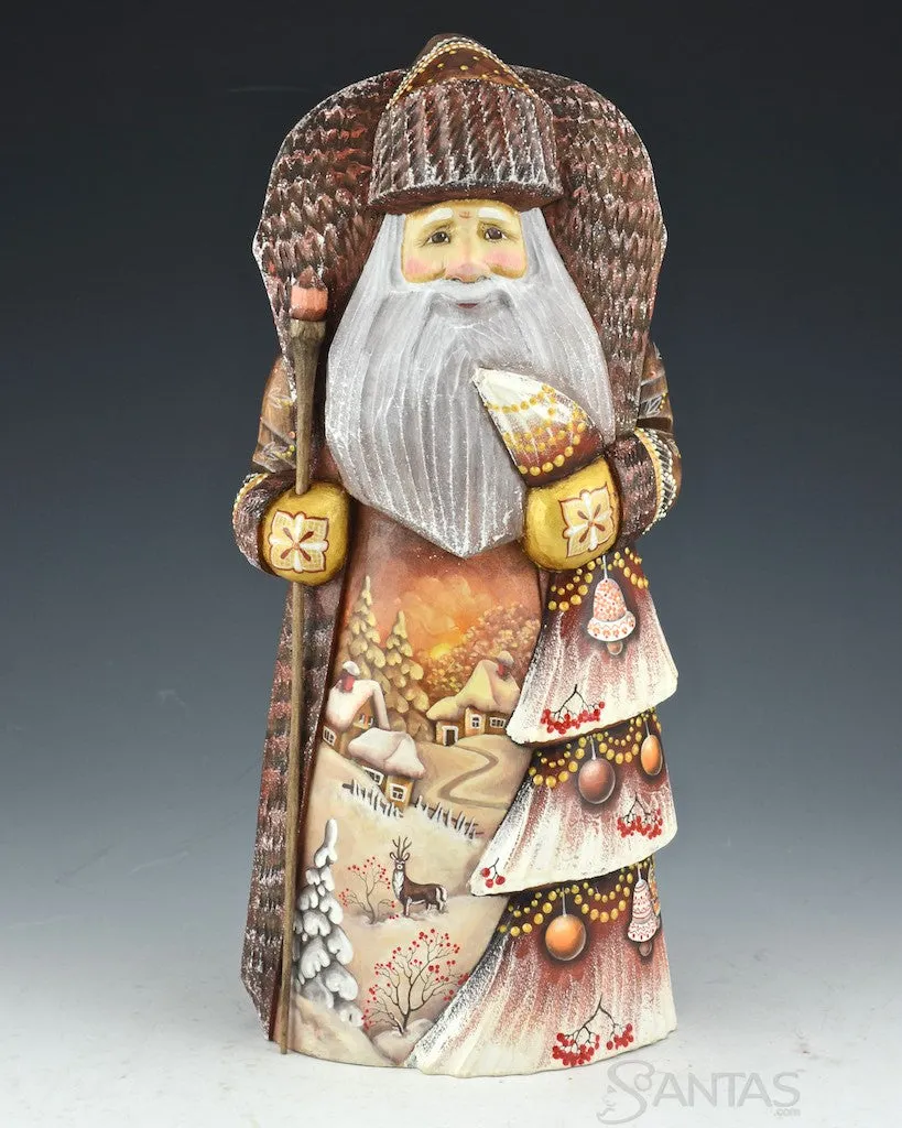 12 inch Large Brown Scenic Russian Santa with Christmas Tree