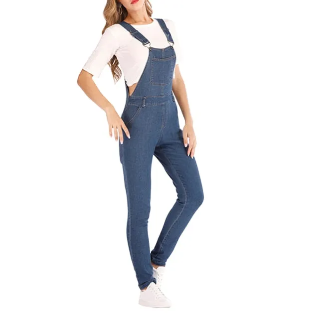 2021 New Fashion Lady Blue Denim Overalls Jumpsuit Rompers Belted Hole Hollow Out Pocket Women Casual Female Pants Hot