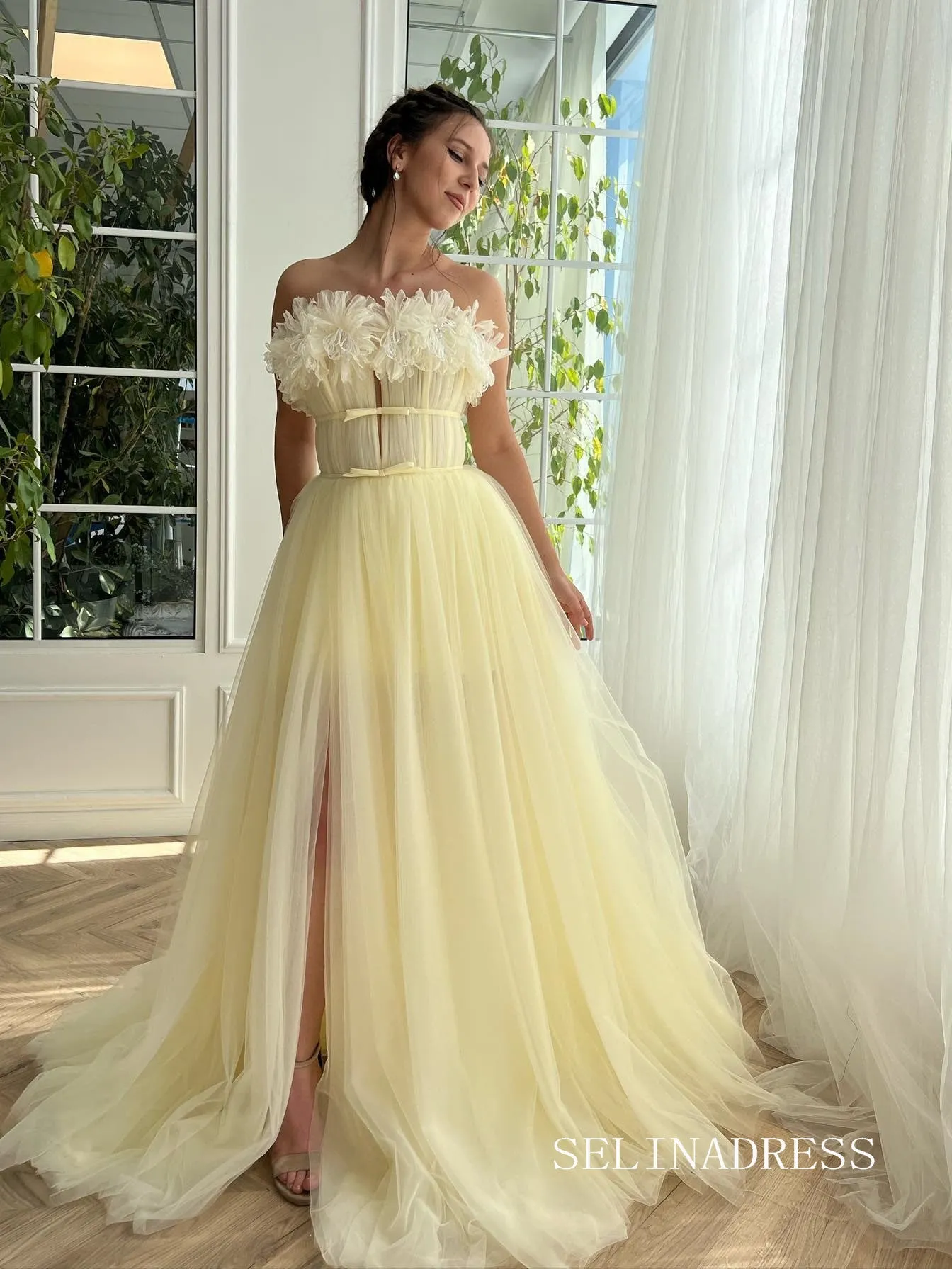 A-line Strapless Beautiful Prom Dress Daffodil Long Evening Dresses SEA034