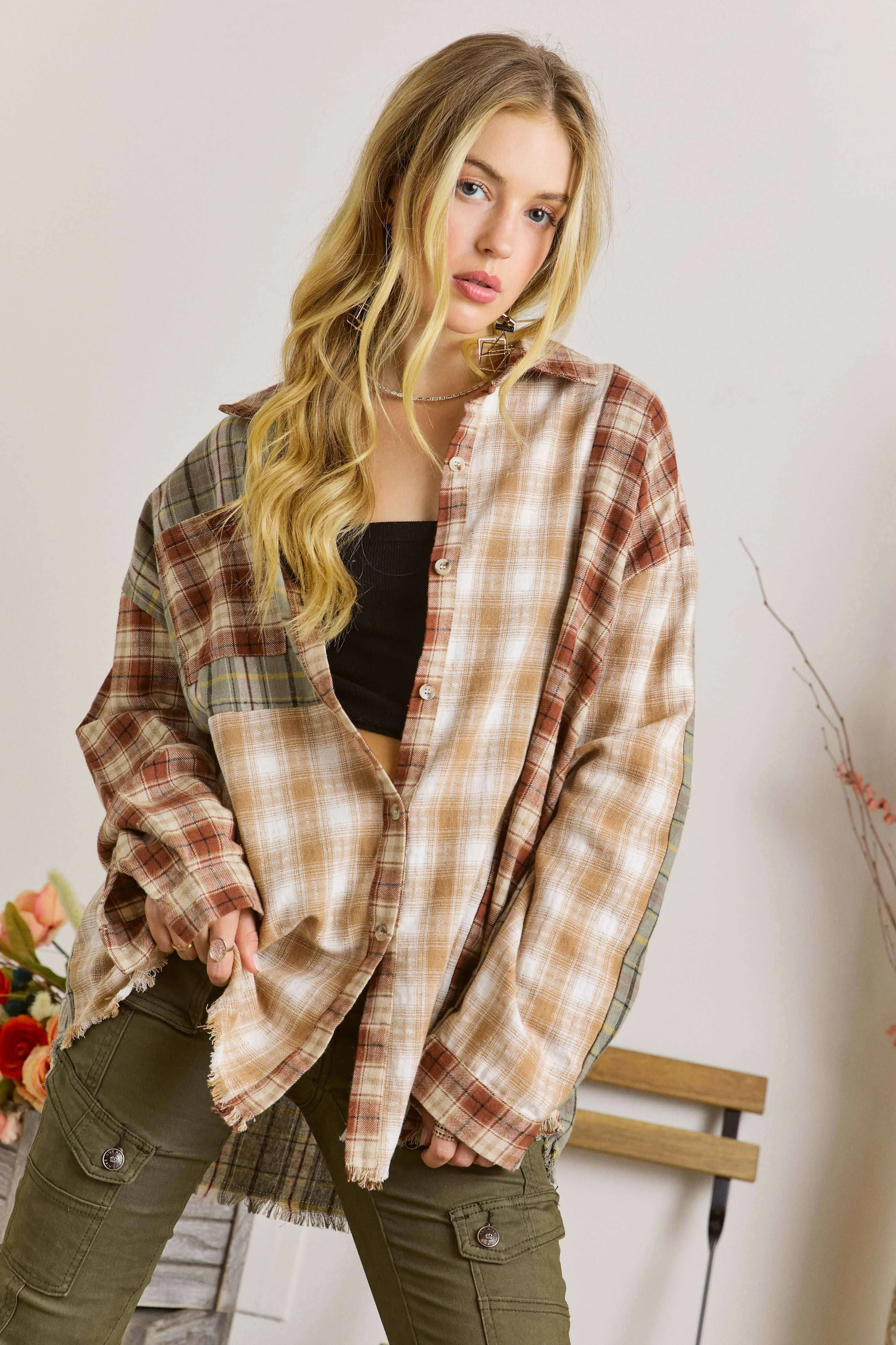 Adora Reg/Plus Frayed Edge Bohemian Plaid Flannel Shirt