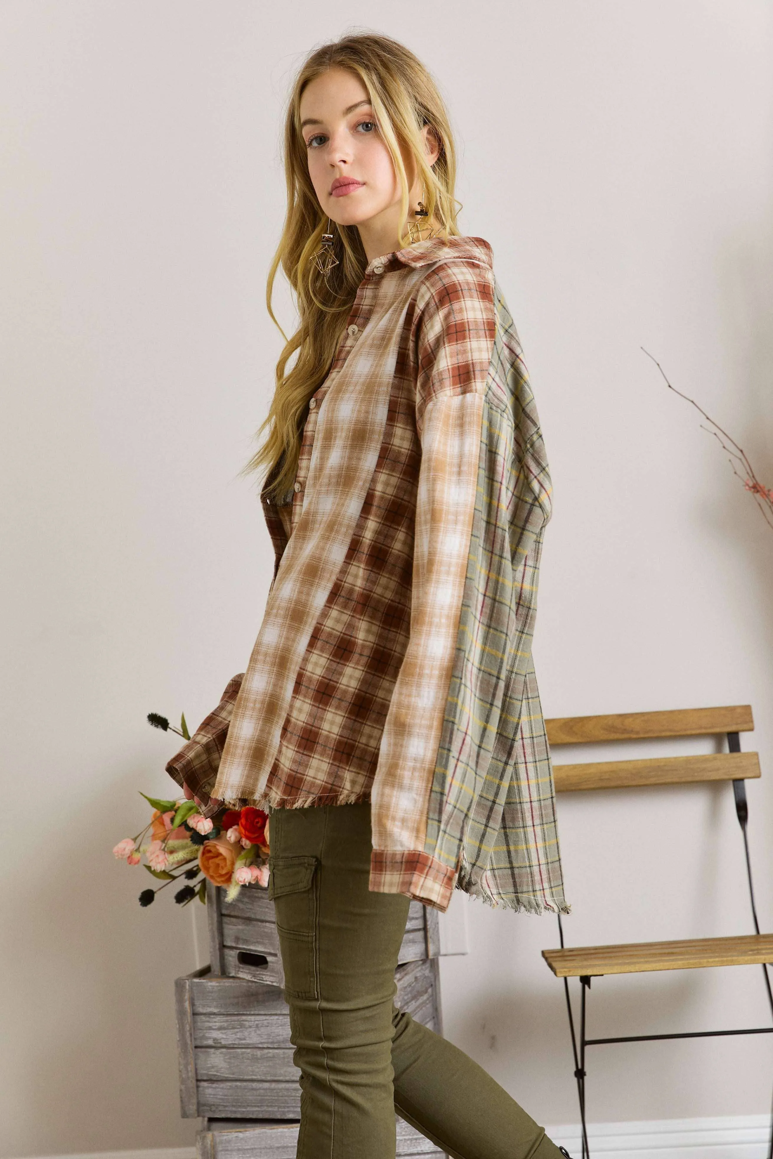 Adora Reg/Plus Frayed Edge Bohemian Plaid Flannel Shirt