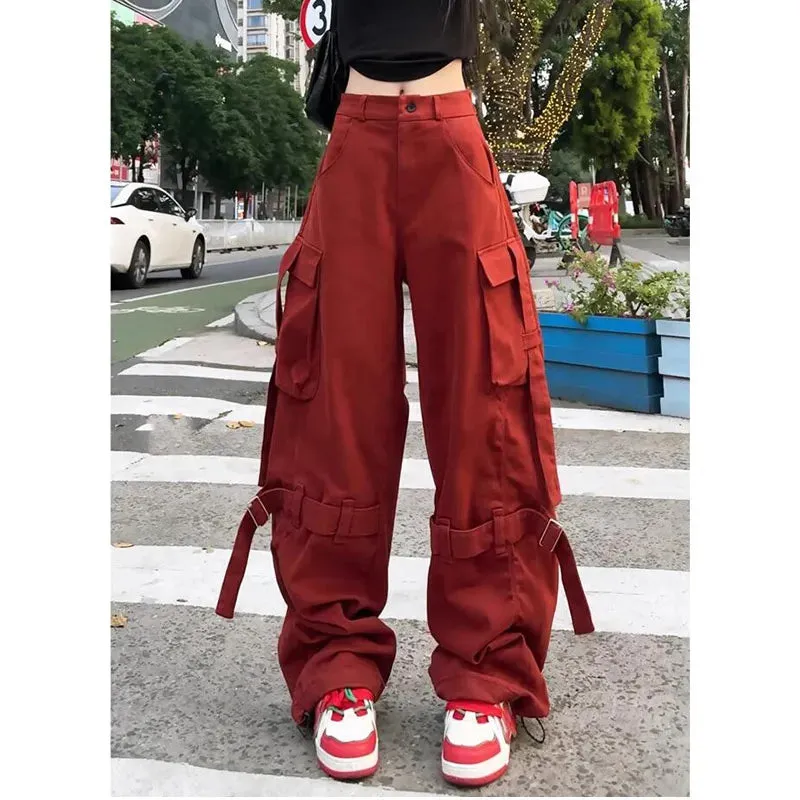 Aiertu Vintage Casual High Waist Red Cargo Pocket Pants For Women Streetwear Style Wide Leg Overalls Baggy Y2K Trouser 2024