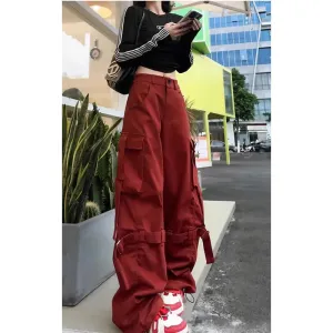 Aiertu Vintage Casual High Waist Red Cargo Pocket Pants For Women Streetwear Style Wide Leg Overalls Baggy Y2K Trouser 2024