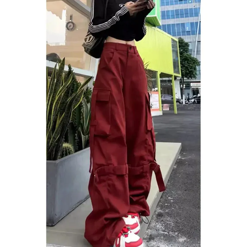 Aiertu Vintage Casual High Waist Red Cargo Pocket Pants For Women Streetwear Style Wide Leg Overalls Baggy Y2K Trouser 2024