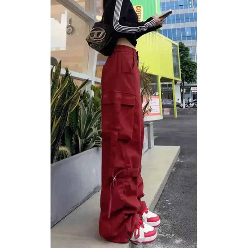 Aiertu Vintage Casual High Waist Red Cargo Pocket Pants For Women Streetwear Style Wide Leg Overalls Baggy Y2K Trouser 2024