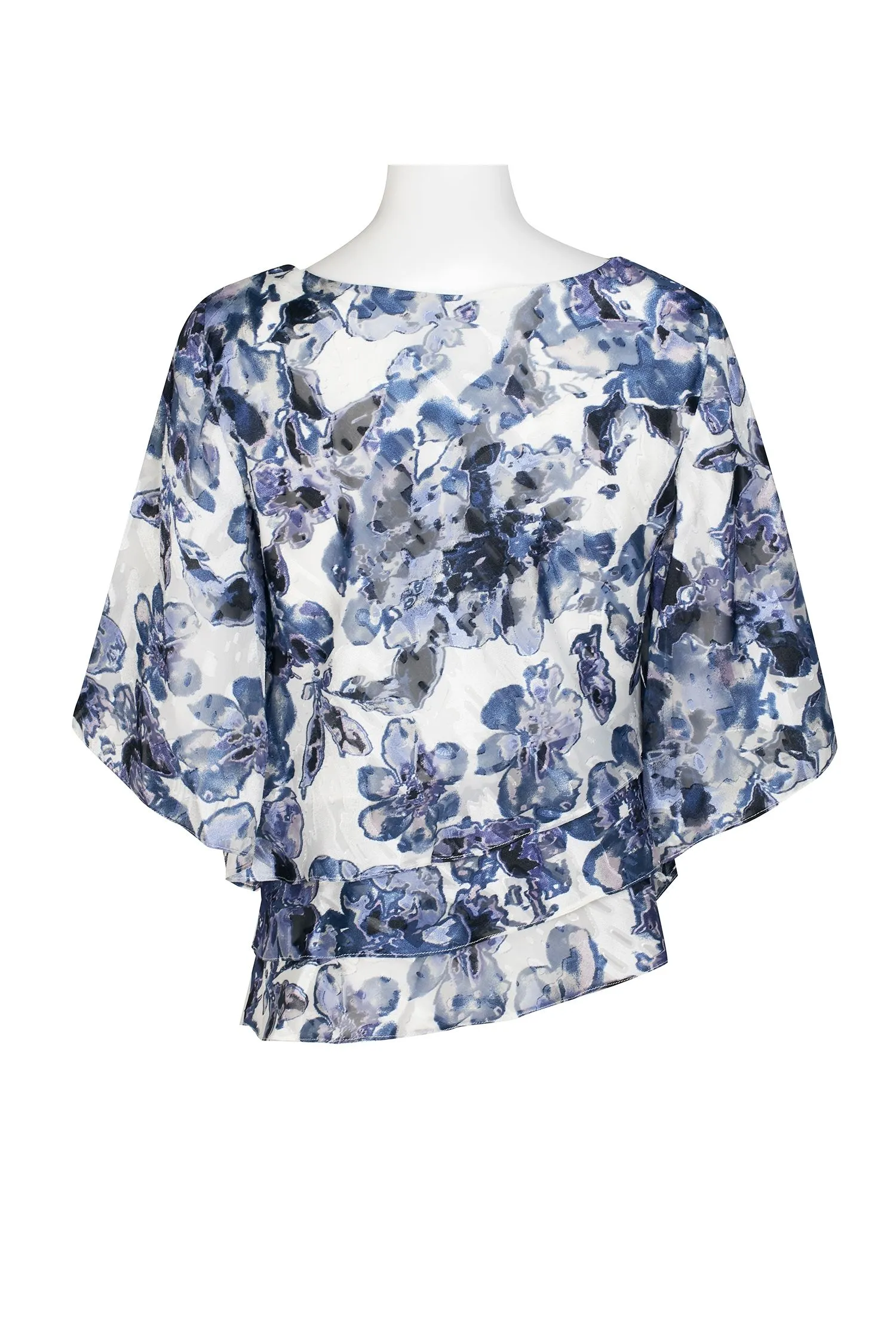 Alex Evenings Boat Neck 3/4 Sleeve Multi Print Asymmetrical Triple Tier Hem Chiffon Top