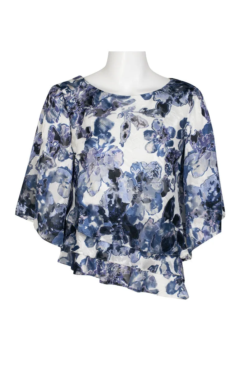 Alex Evenings Boat Neck 3/4 Sleeve Multi Print Asymmetrical Triple Tier Hem Chiffon Top