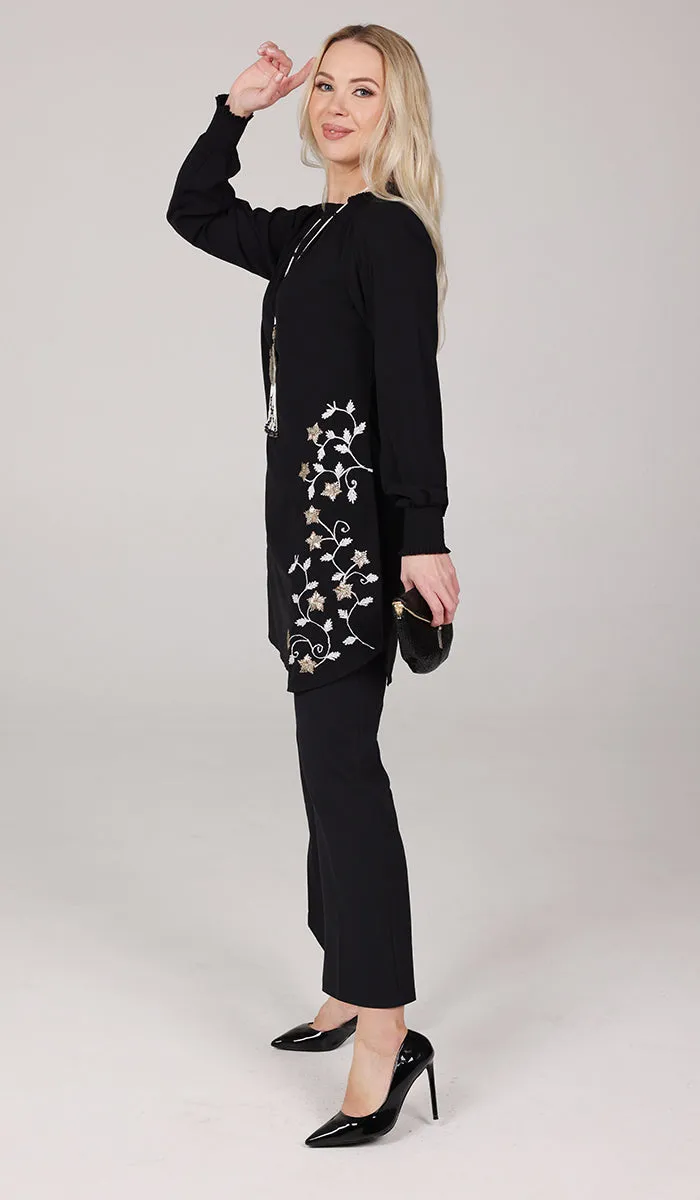 Amina Embroidered Formal Long Modest Tunic - Black