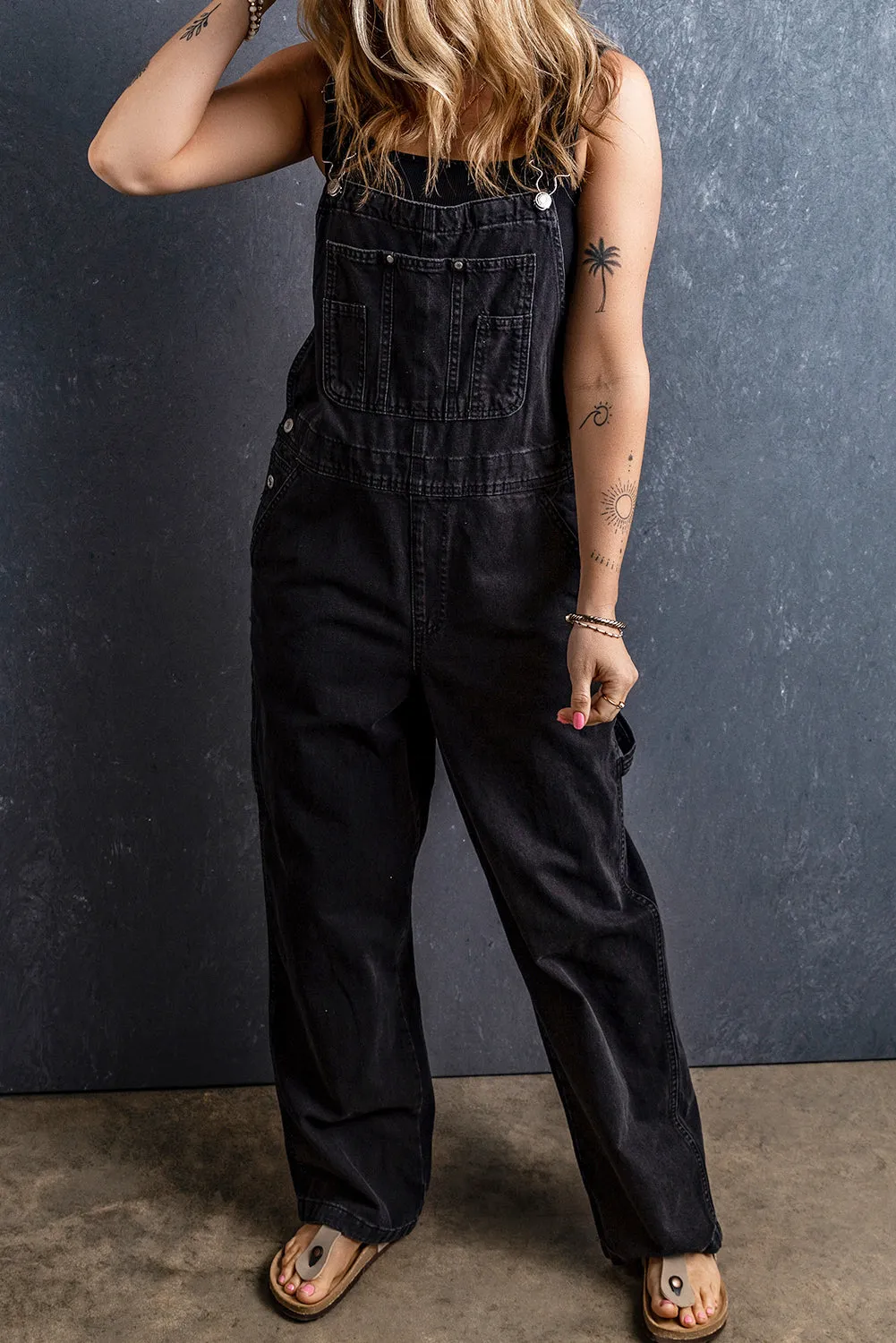 Black Adjustable Buckle Straps Multi Pocket Denim Overalls