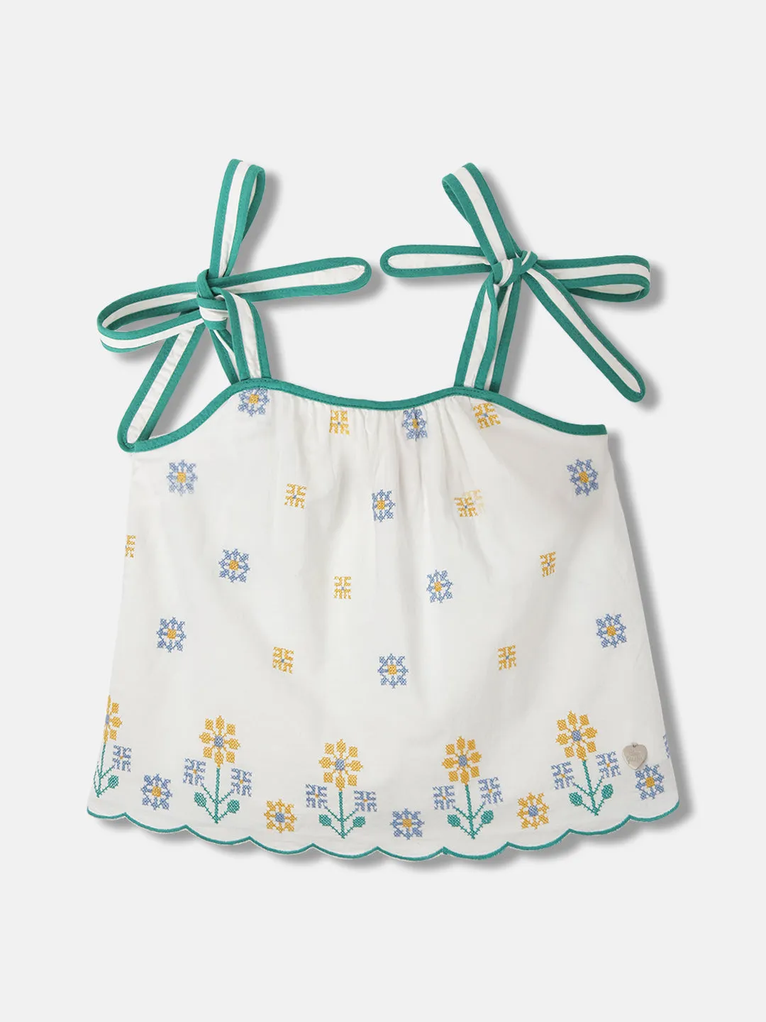 Blue Giraffe Girls White Embroidered Shoulder Straps Sleeveless Top