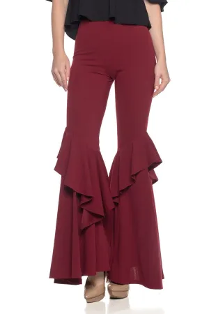 Burgundy Flares Into Bell Bottoms Ruffles Pants