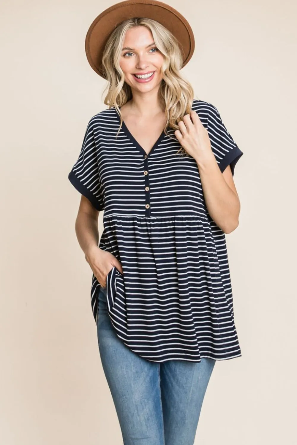 by Nu Label Striped Button Front Baby Doll Top