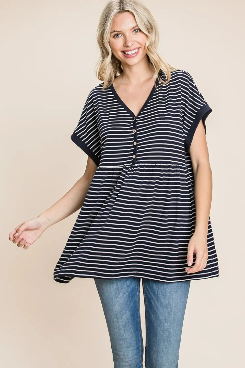 by Nu Label Striped Button Front Baby Doll Top