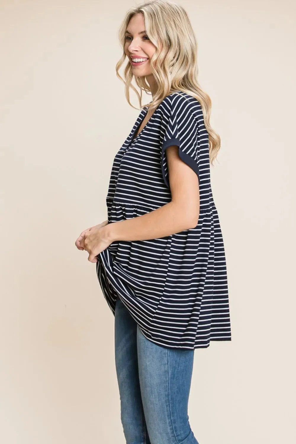 by Nu Label Striped Button Front Baby Doll Top