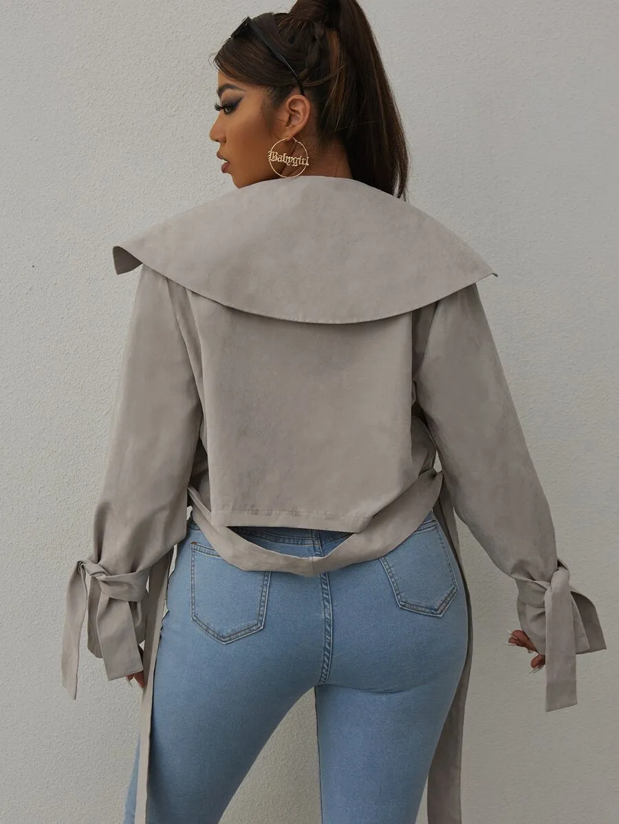 Capri Lapel Neck Belted Crop Jacket - Silver