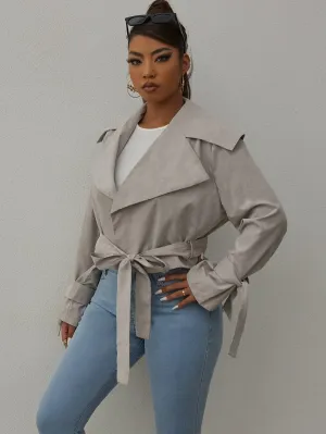 Capri Lapel Neck Belted Crop Jacket - Silver