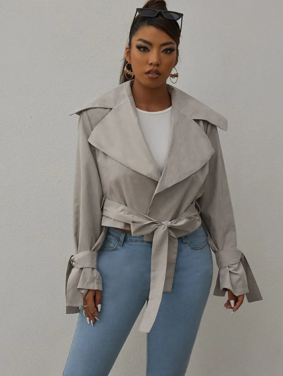 Capri Lapel Neck Belted Crop Jacket - Silver