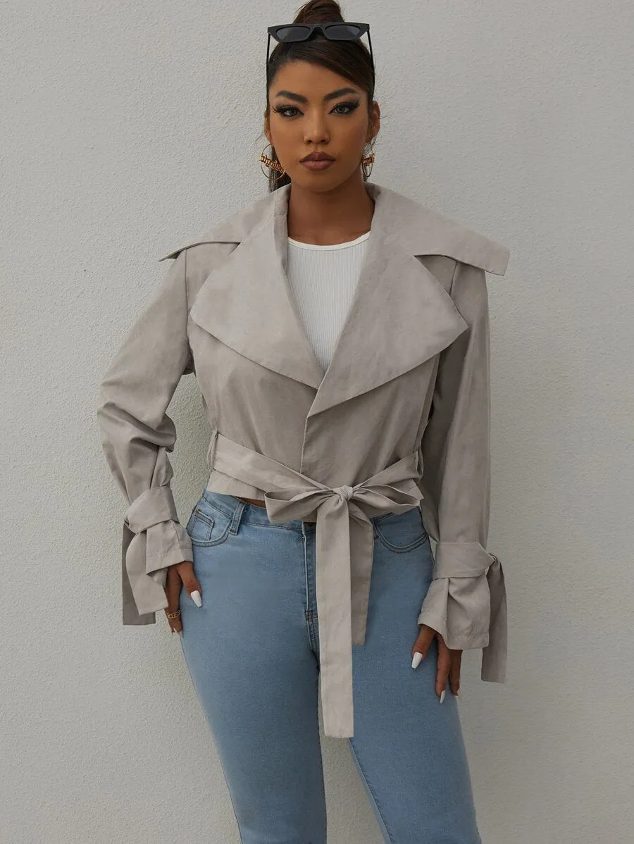 Capri Lapel Neck Belted Crop Jacket - Silver