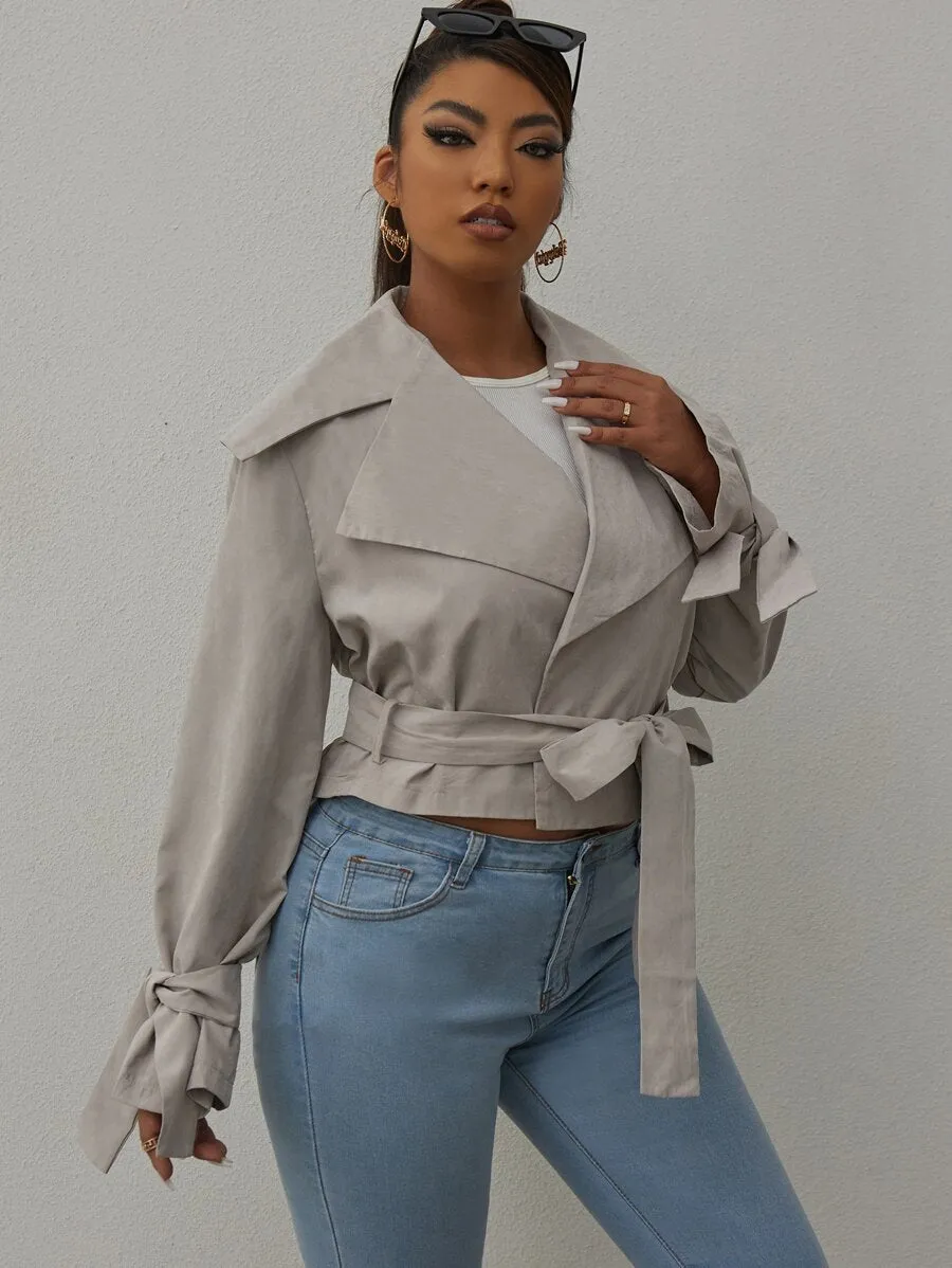 Capri Lapel Neck Belted Crop Jacket - Silver