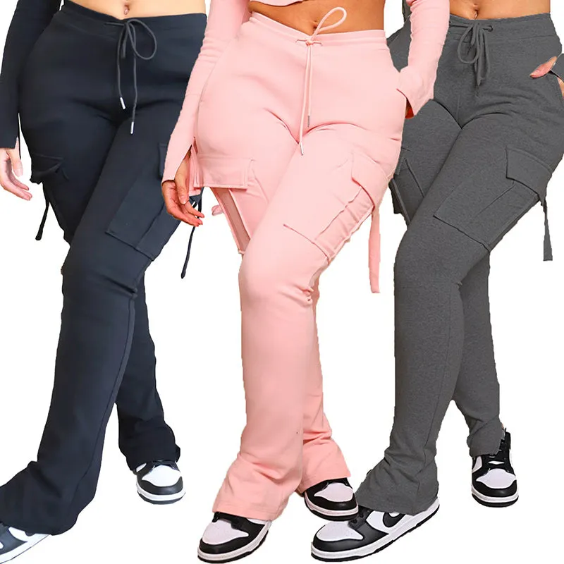 Cargo Pants With Pockets High Waist Drawstring Wide Leg Straight Trousers For Women Overalls