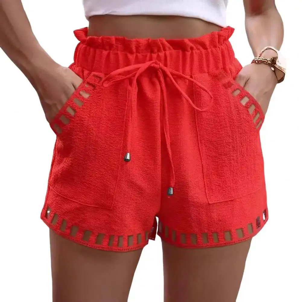 Casual Cutout Stitching Stylish Summer Shorts with Drawstring Elastic Waist and Side Pockets for Women