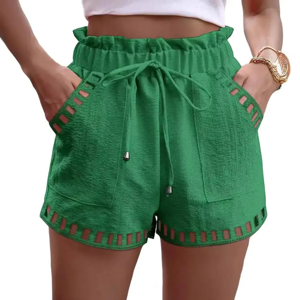 Casual Cutout Stitching Stylish Summer Shorts with Drawstring Elastic Waist and Side Pockets for Women