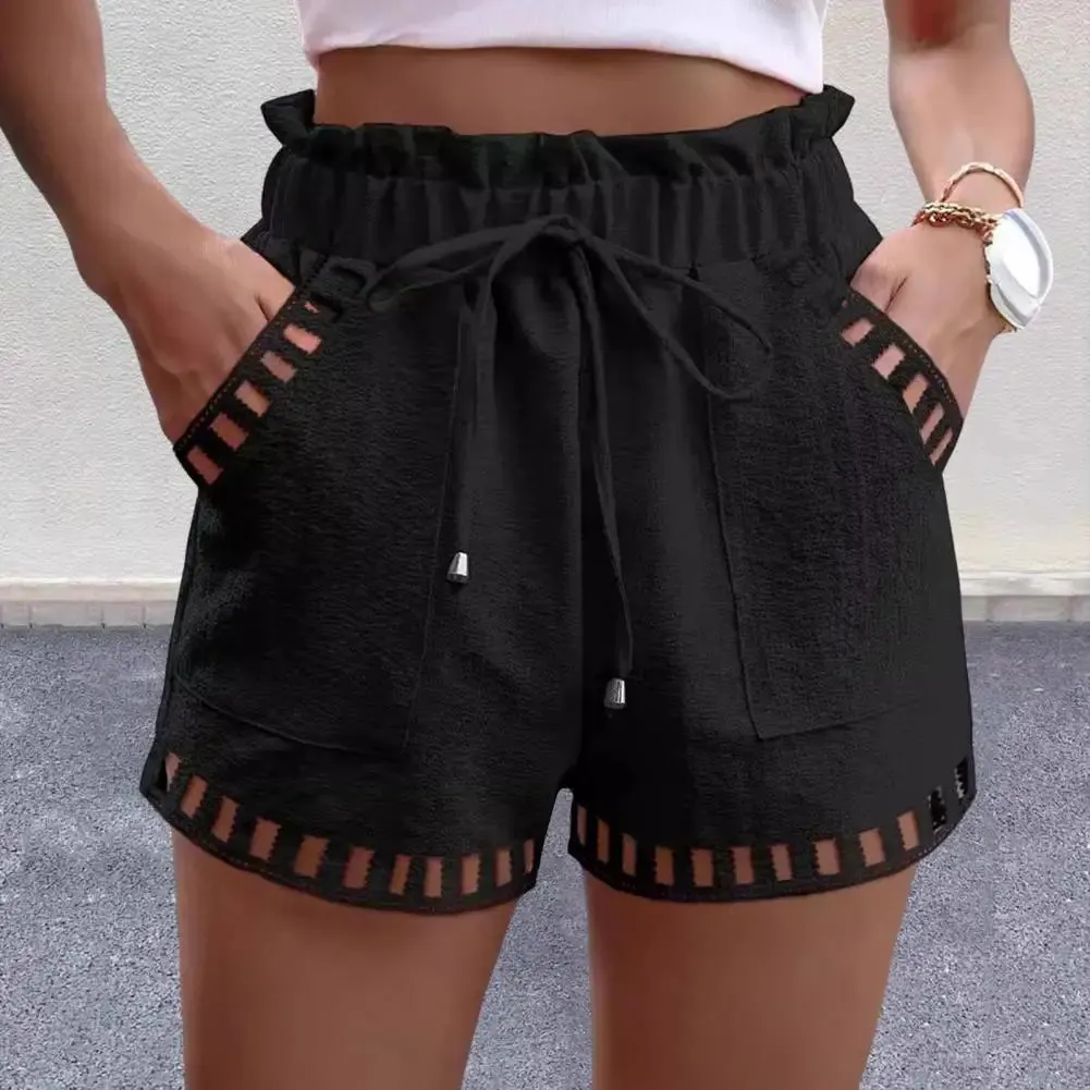 Casual Cutout Stitching Stylish Summer Shorts with Drawstring Elastic Waist and Side Pockets for Women