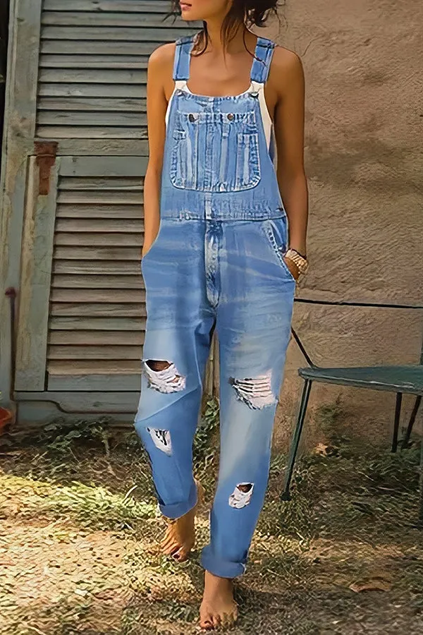 Casual Pocket Ripped Denim Overalls