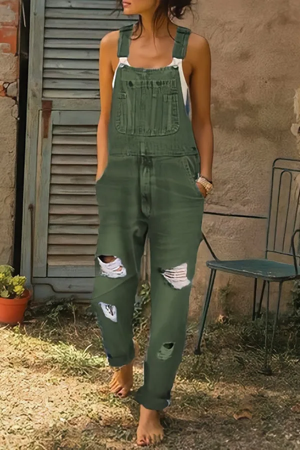 Casual Pocket Ripped Denim Overalls