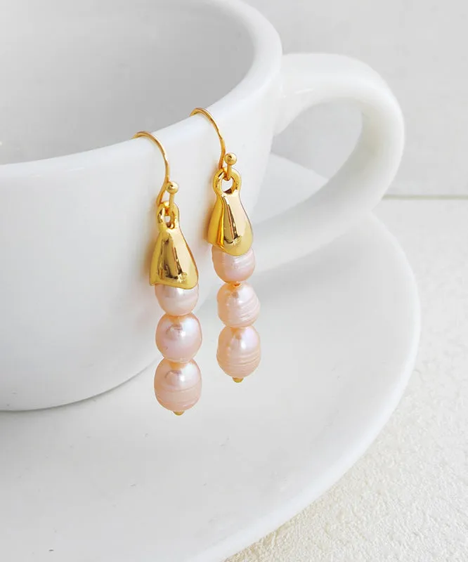 Chic Beige Copper Pearl Drop Earrings