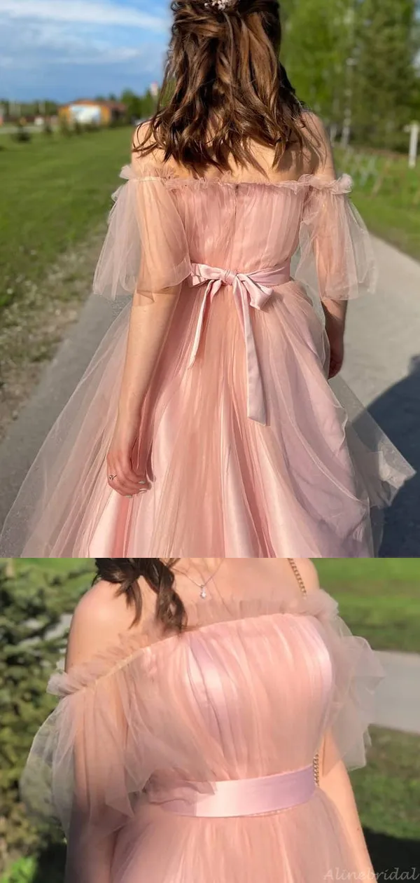 Chic Off-shoulder Tulle Tea-length Princess Prom Dress, PD3077