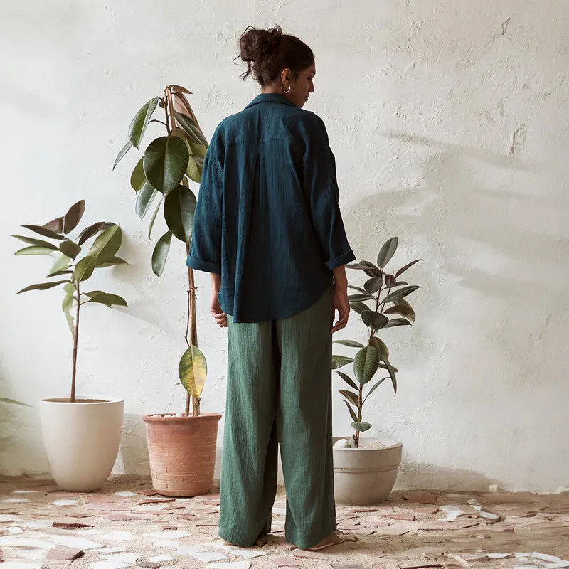 Cotton Solid Co Ord Set For Women | Shirt & Pant | Leafy Green