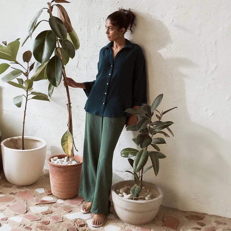 Cotton Solid Co Ord Set For Women | Shirt & Pant | Leafy Green