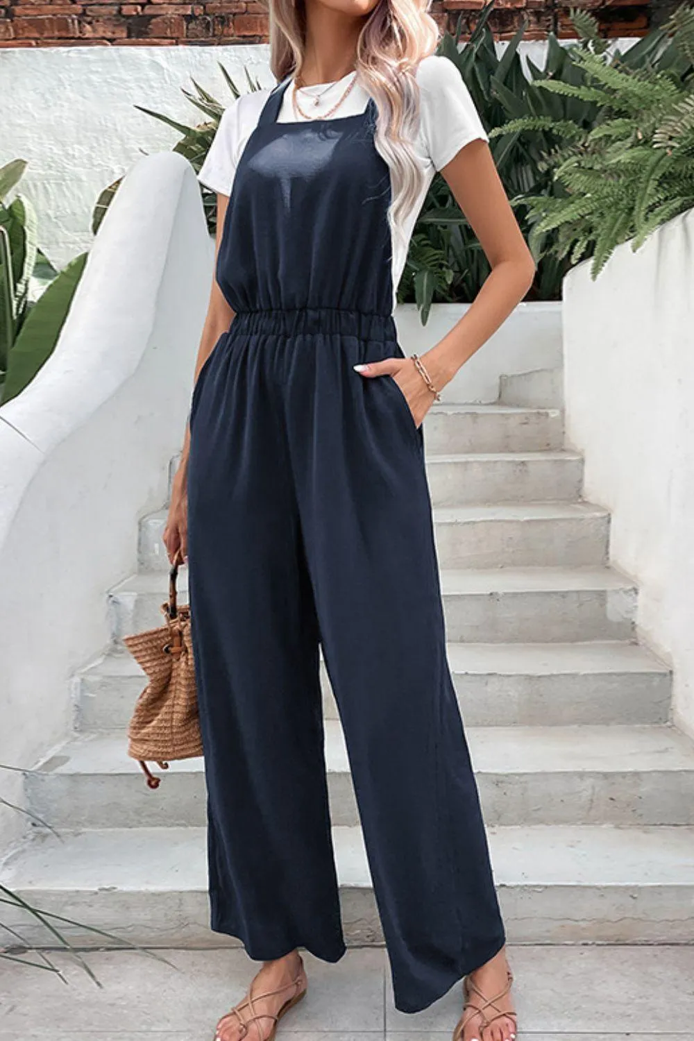 Elastic Waist Overalls with Pockets