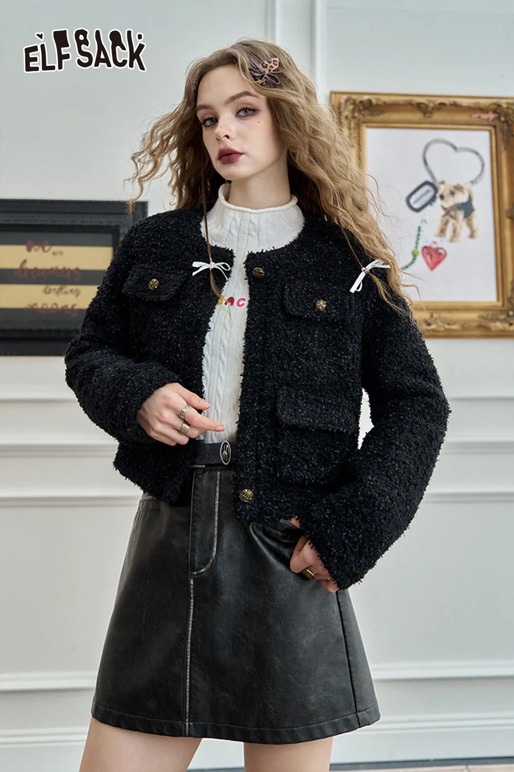 ELFSACK 2024 Winter New Arrivals Winter coat with heart-shaped button short jacket for women