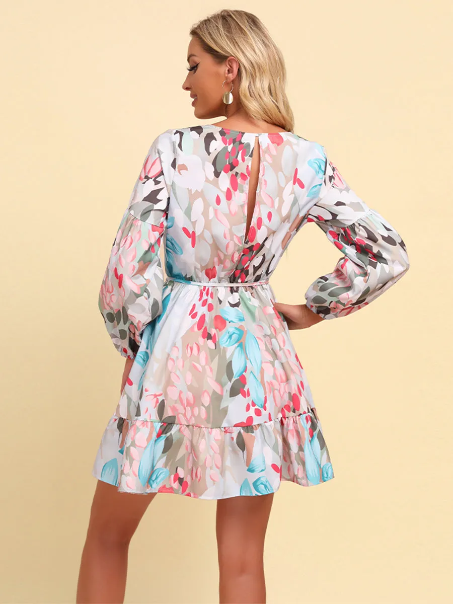 Full Size Printed Tie-Waist Puff Sleeve Surplice Dress (BWD)(WS06)T