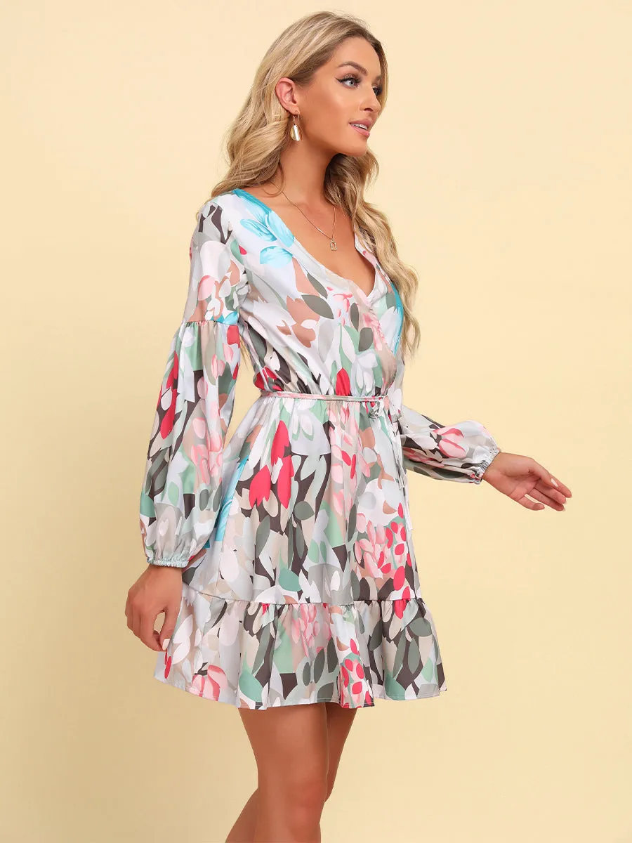 Full Size Printed Tie-Waist Puff Sleeve Surplice Dress (BWD)(WS06)T