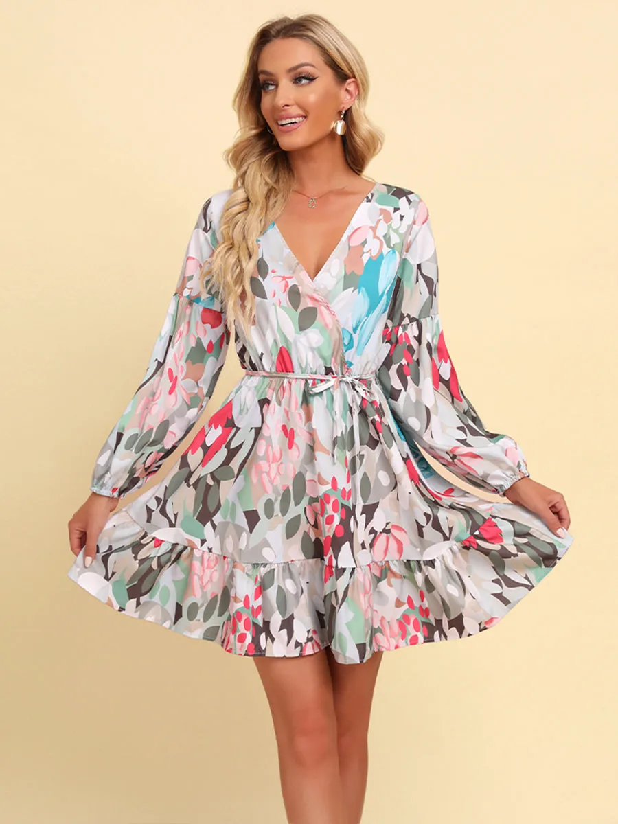 Full Size Printed Tie-Waist Puff Sleeve Surplice Dress (BWD)(WS06)T