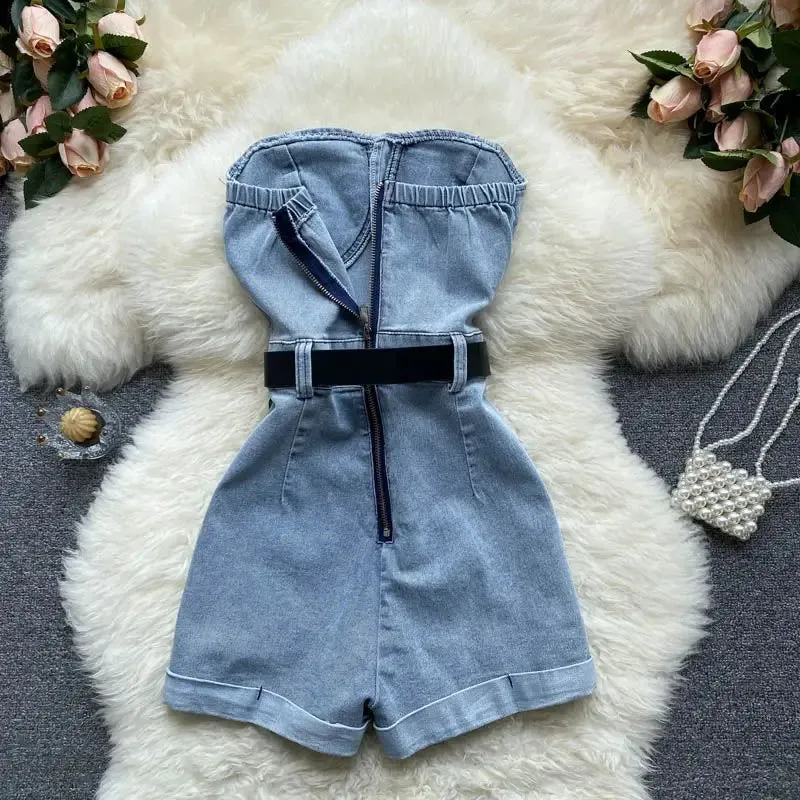 Girlary  Jeans Shoulder Jumpsuit Off 2024 Summer Loose Casual Denim Blue Womens Jumpsuits Wide Leg Casual Denim Overalls