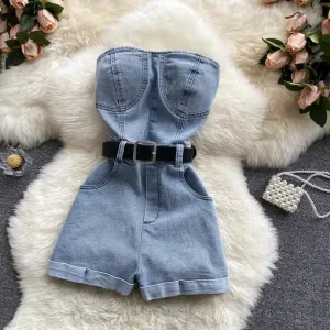 Girlary  Jeans Shoulder Jumpsuit Off 2024 Summer Loose Casual Denim Blue Womens Jumpsuits Wide Leg Casual Denim Overalls