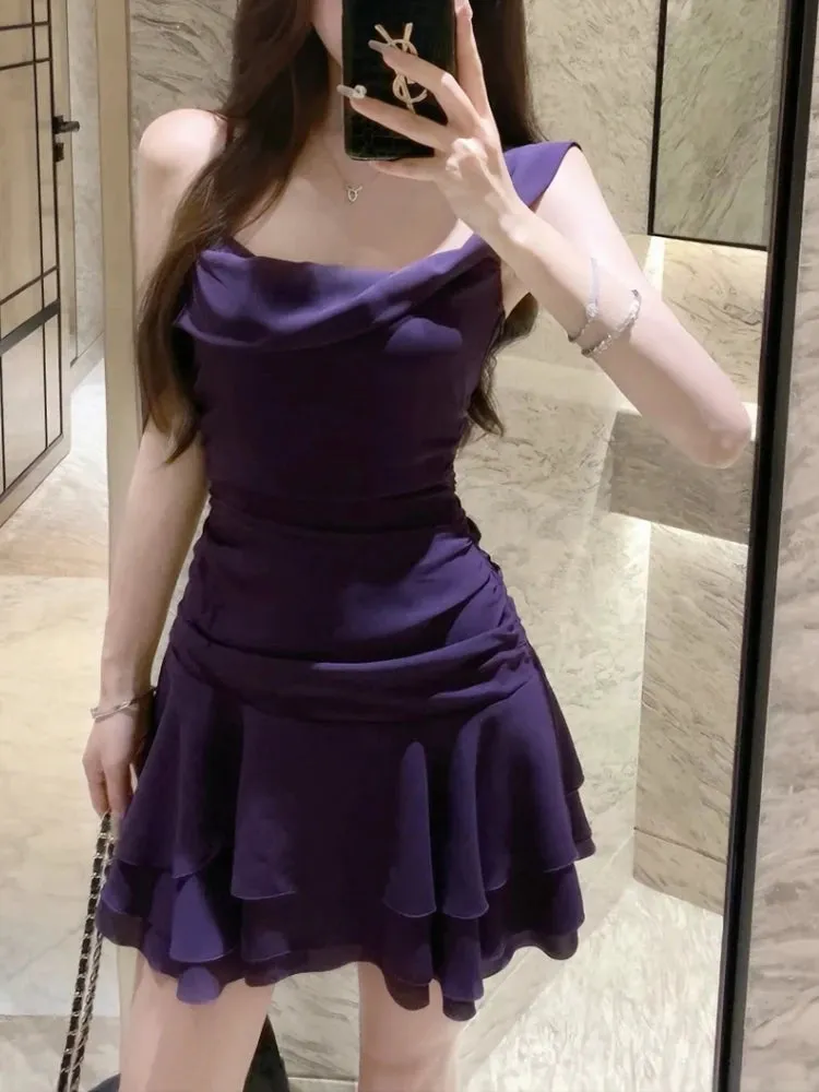 Girlary Summer Sexy Purple Sleeveless Party Dress Women Fashion Y2k A-line Slim Streetwear Dresses Elegant Chic Pleat Waist Up New Dress