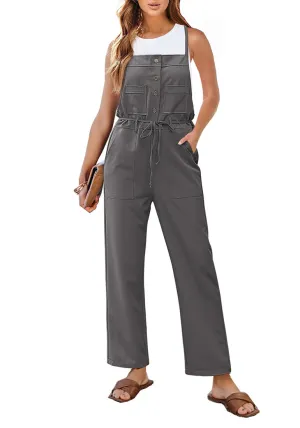 Gray Women's Button Down Pocket Straight Leg Vintage Casual Overalls