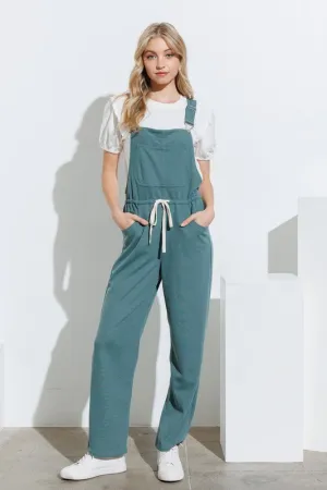 Jade Textured Knit Overalls With Self Tie At Waist