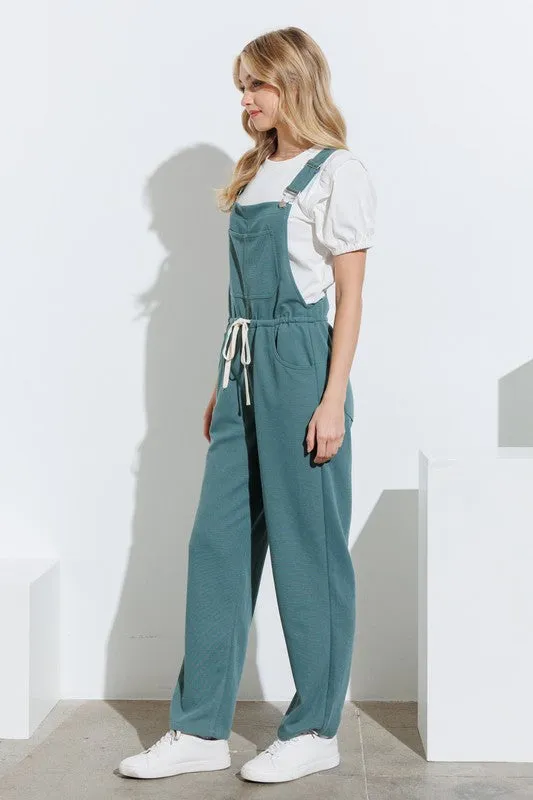 Jade Textured Knit Overalls With Self Tie At Waist