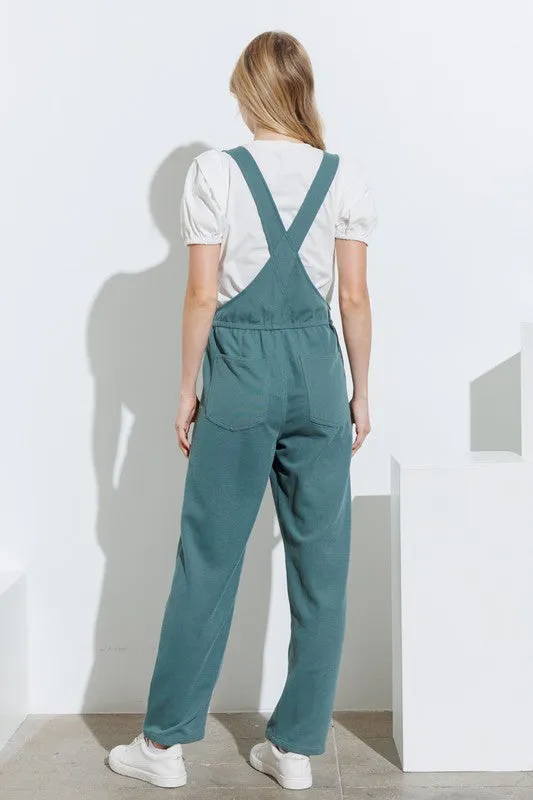 Jade Textured Knit Overalls With Self Tie At Waist