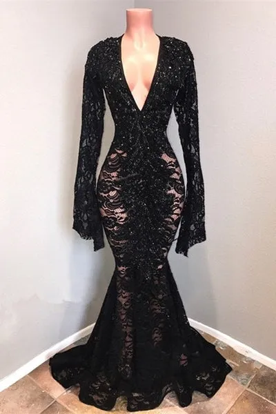 kamahe Chic Black Lace V-neck Long Sleevess Mermaid Prom Dresses Sheer Floor Length Evening Gowns