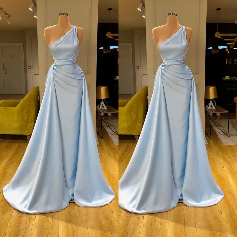 kamahe Elegant Light Blue One-shoulder Overskirt Soft-pleated Prom Dress