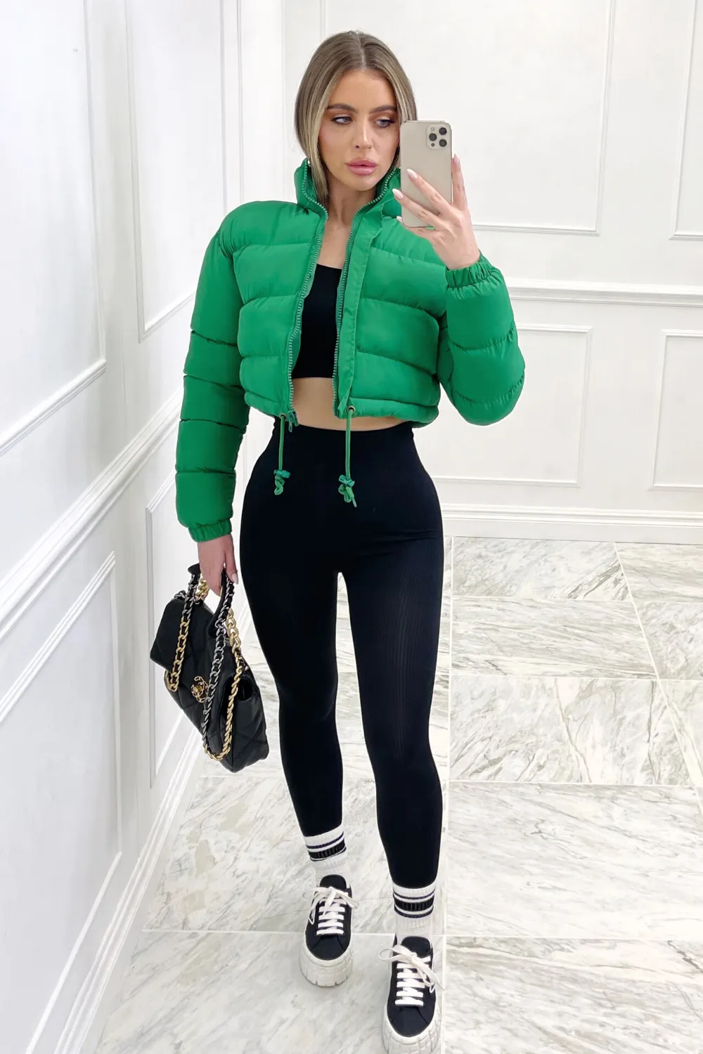 Karmin green crop puffer coat