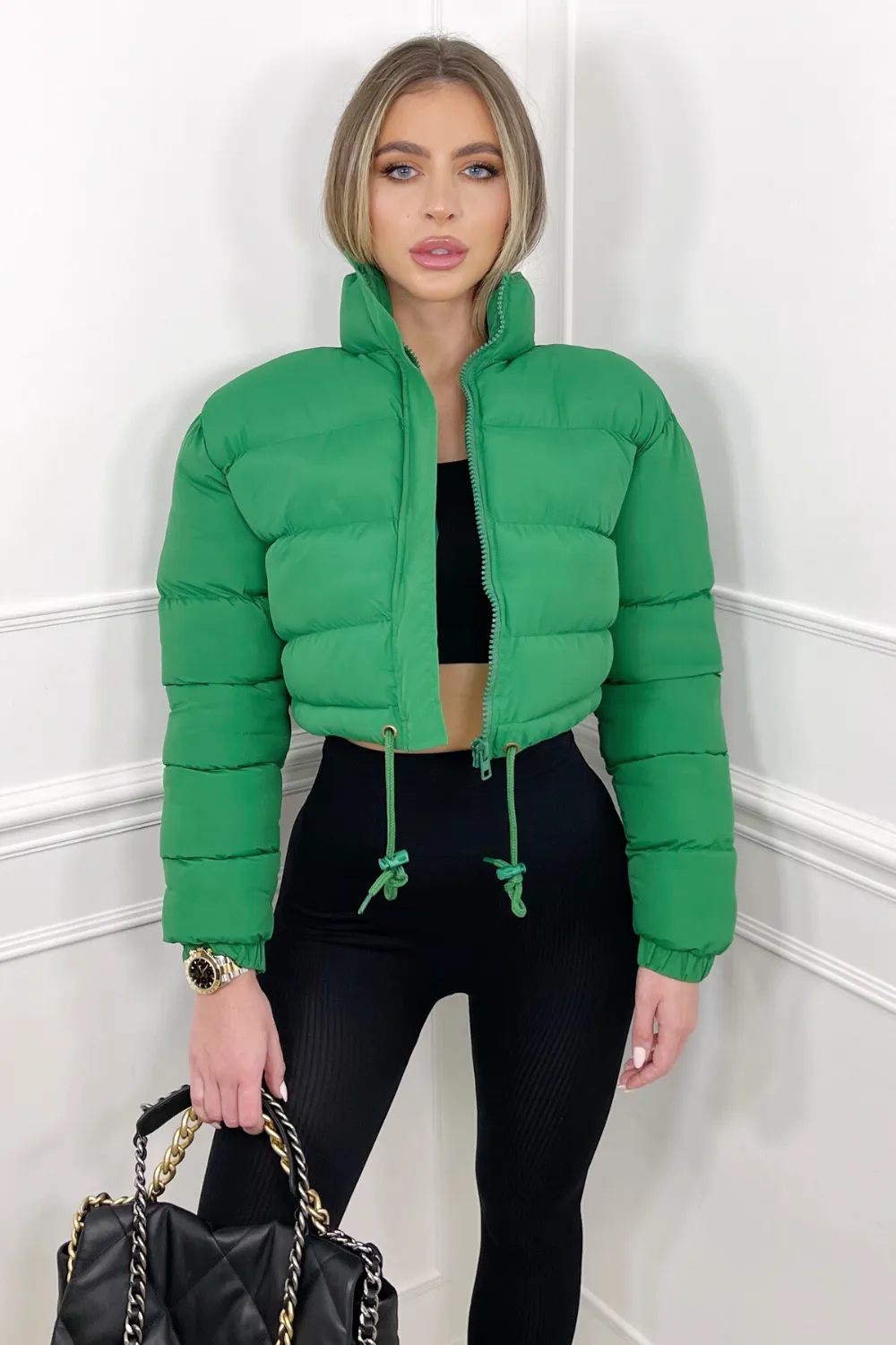 Karmin green crop puffer coat